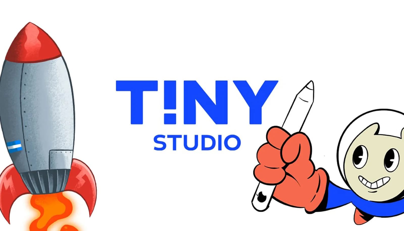 Ilustración de Tiny Studio: el cohete y el astronauta con un lápiz junto al logo del estudio de diseño y tecnología