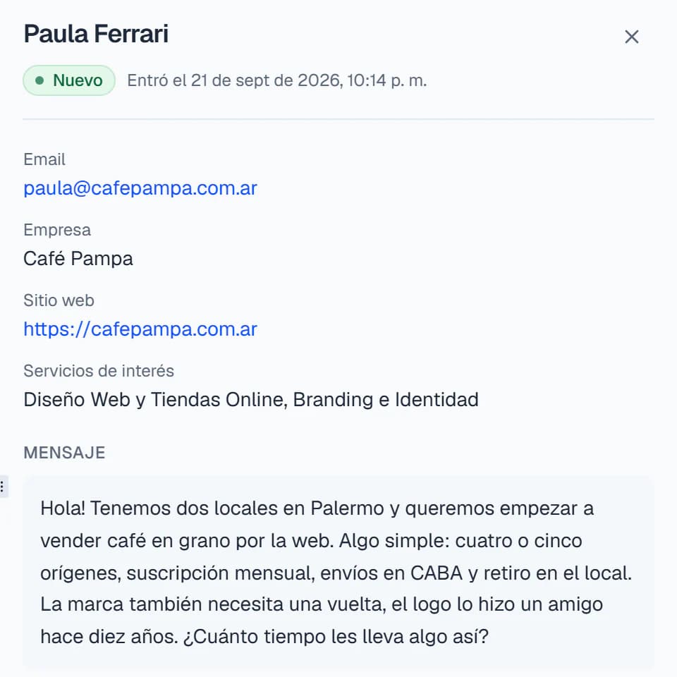 Una consulta abierta en GRUFO: Paula Ferrari, de Café Pampa, en estado Nuevo, con su email, su empresa, su sitio web, los servicios que le interesan y su mensaje.