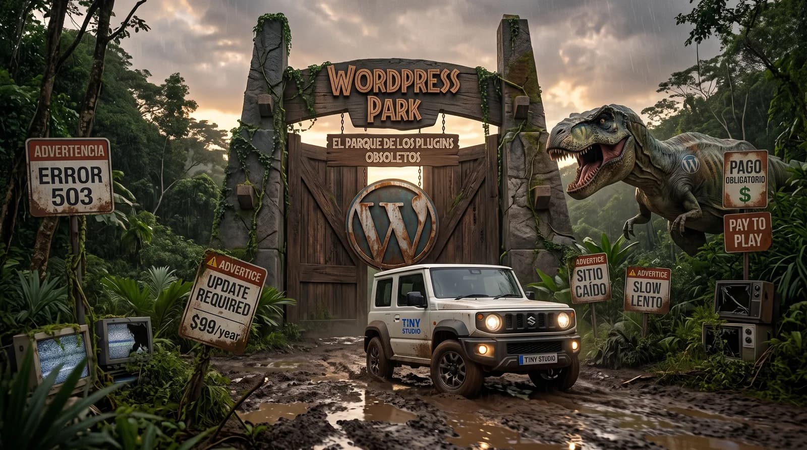 Ilustración: la entrada de WordPress Park, con carteles de error 503, actualizaciones pagas y sitio lento, y una camioneta de Tiny Studio que sale del barro