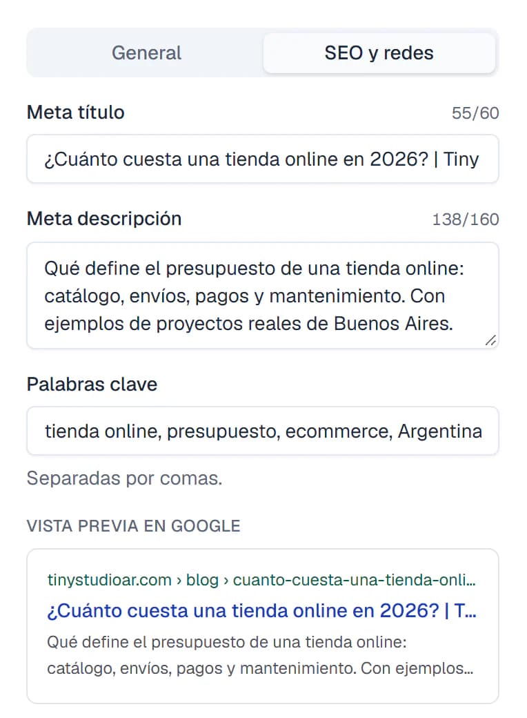 La pestaña SEO y redes de un artículo: meta título con su contador (55/60), meta descripción (138/160), palabras clave y la vista previa del resultado en Google.