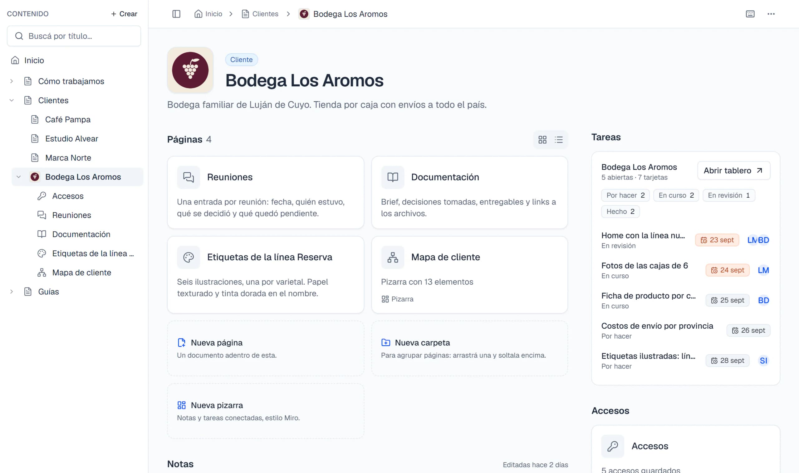Página del cliente Bodega Los Aromos en la wiki de GRUFO: su logo y descripción, las páginas Reuniones, Documentación y Mapa de cliente, sus próximas tareas del tablero y la tarjeta de accesos.