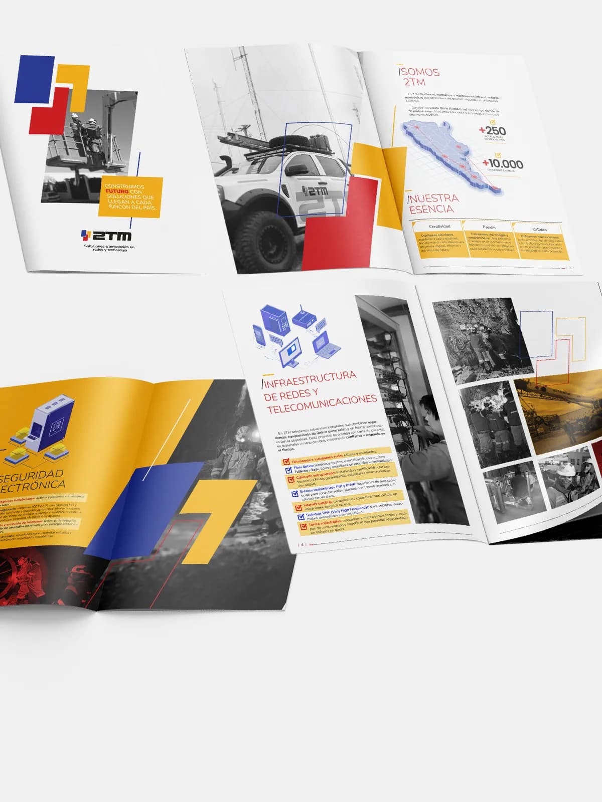 Brochure institucional de 2TM abierto: la tapa y los pliegos de la empresa, de redes y de seguridad electrónica