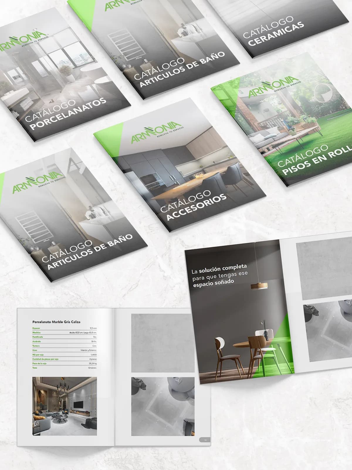 Catálogos de productos de Armonía: las tapas de porcelanatos, artículos de baño, accesorios y pisos en rollo, y una ficha técnica abierta