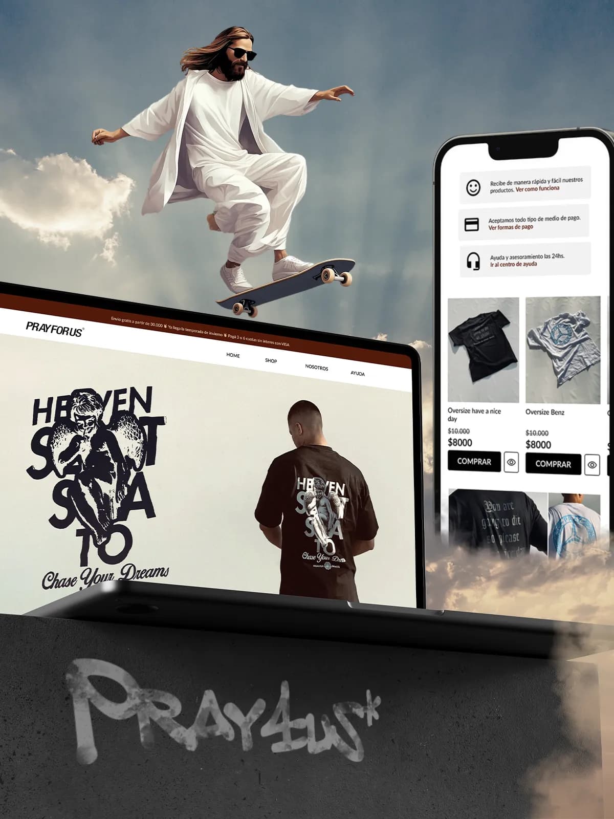 La tienda online de Pray for us en una computadora y un teléfono: una remera oversize con estampa y prendas con su precio