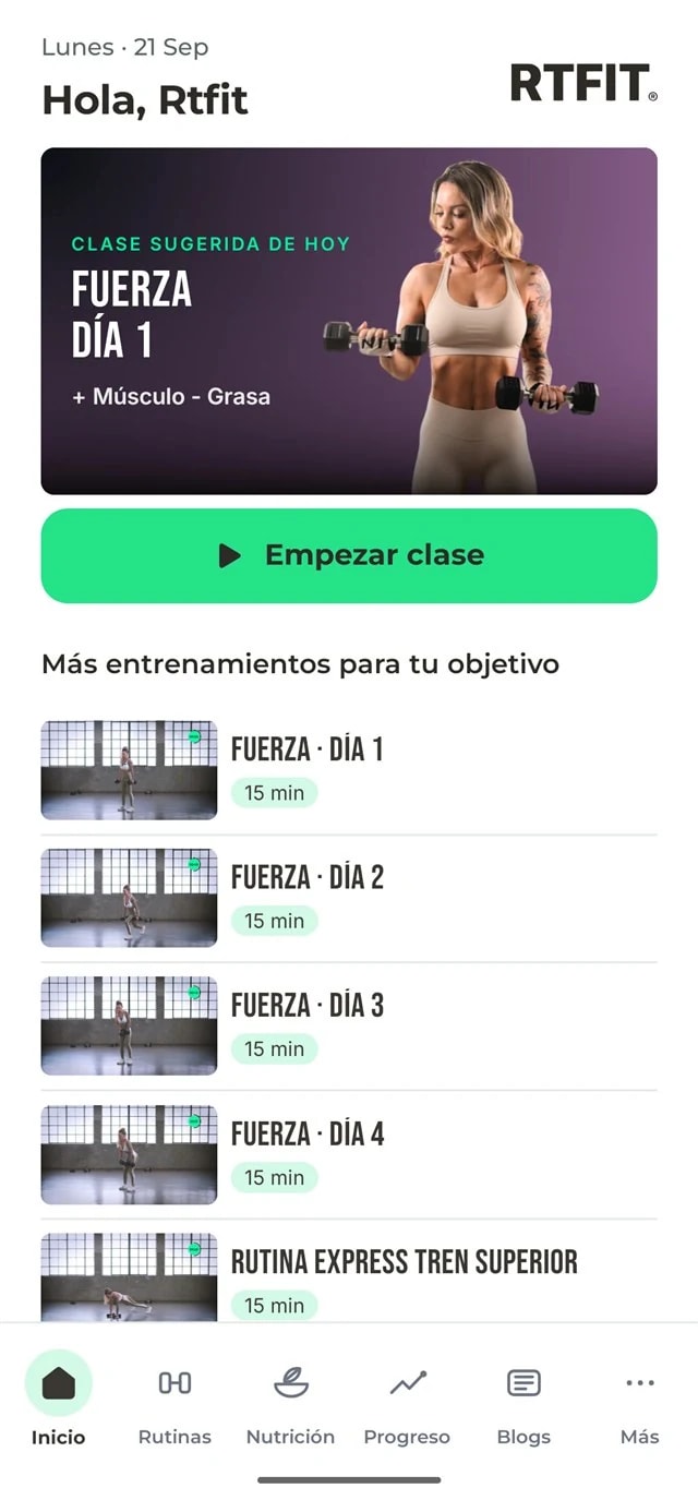 Inicio de la app RTFIT: la clase sugerida de hoy y más entrenamientos para el objetivo